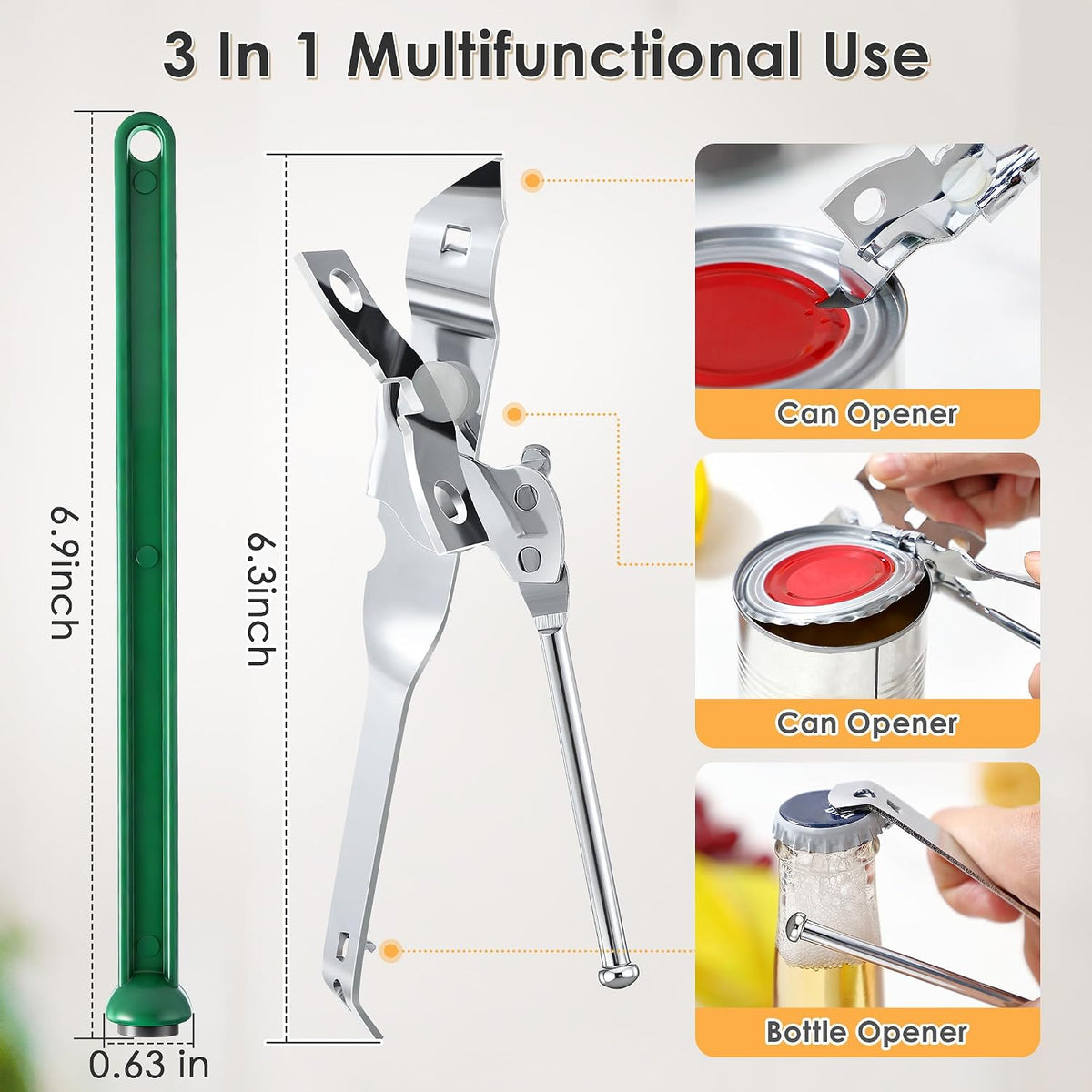 2 Pack Can Opener Manual, Smooth Edge Can Opener with Magnetic Wand, Heavy Duty Hand Held Canned Open Kit, Small Side Cut Abrelatas, Multifunctional Bottle Open for Camping, Kitchen