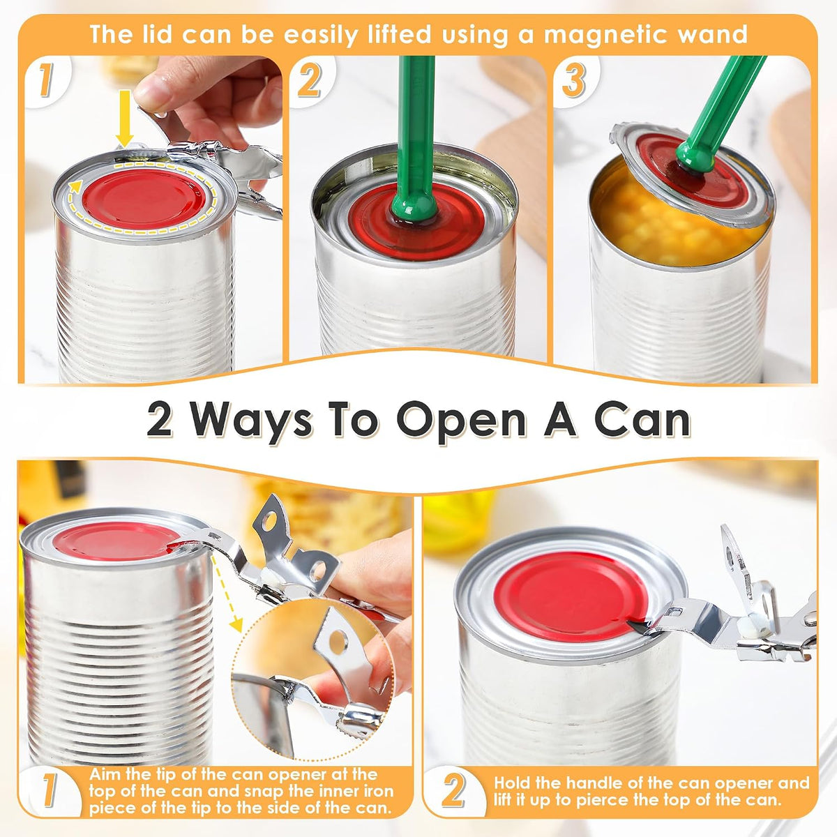 2 Pack Can Opener Manual, Smooth Edge Can Opener with Magnetic Wand, Heavy Duty Hand Held Canned Open Kit, Small Side Cut Abrelatas, Multifunctional Bottle Open for Camping, Kitchen