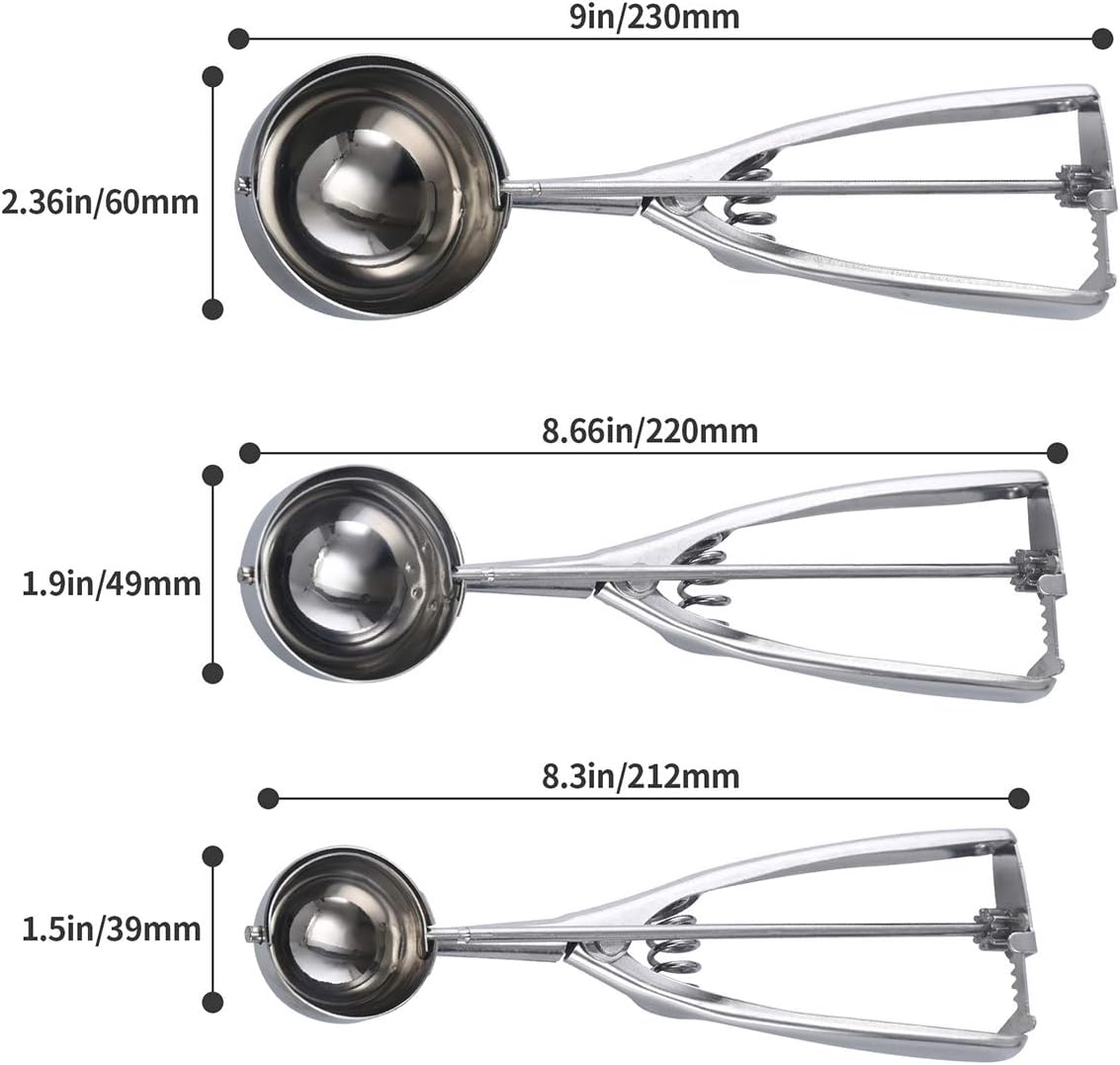 Cookie Scoop Set of 3 Ice Cream Scoop With Trigger 18/8 Stainless Steel Ice Cream Scooper Cookie Scoops for Baking Meatball scoop Melon Baller Fruit Scoop Include Large-Medium-Small Size