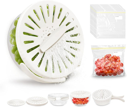 Fruit Washer Strainer, 2 in 1 Bowl with Foldable Handle, White, | Comes with 15 Pcs food storage bags, fruit storage container with strainer, perfect for kitchen, fridge and picnic, White