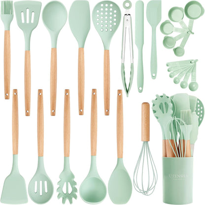 26 Pcs Silicone Cooking Utensils Set with Holder, BPA Free Kitchen Utensils Set for Cooking, 446°F Spatulas Silicone Heat Resistant Wooden Handle Spoon Tongs Non-stick Kitchen Gadgets (Khaki)