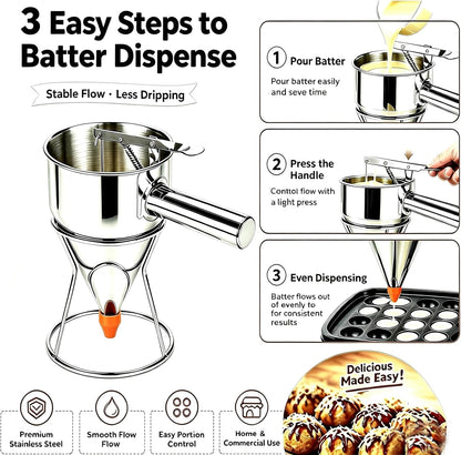 40oz 304 Stainless Steel Pancake Batter Dispenser, Dustproof Lid, 4 Nozzles