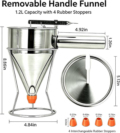 40oz 304 Stainless Steel Pancake Batter Dispenser, Dustproof Lid, 4 Nozzles