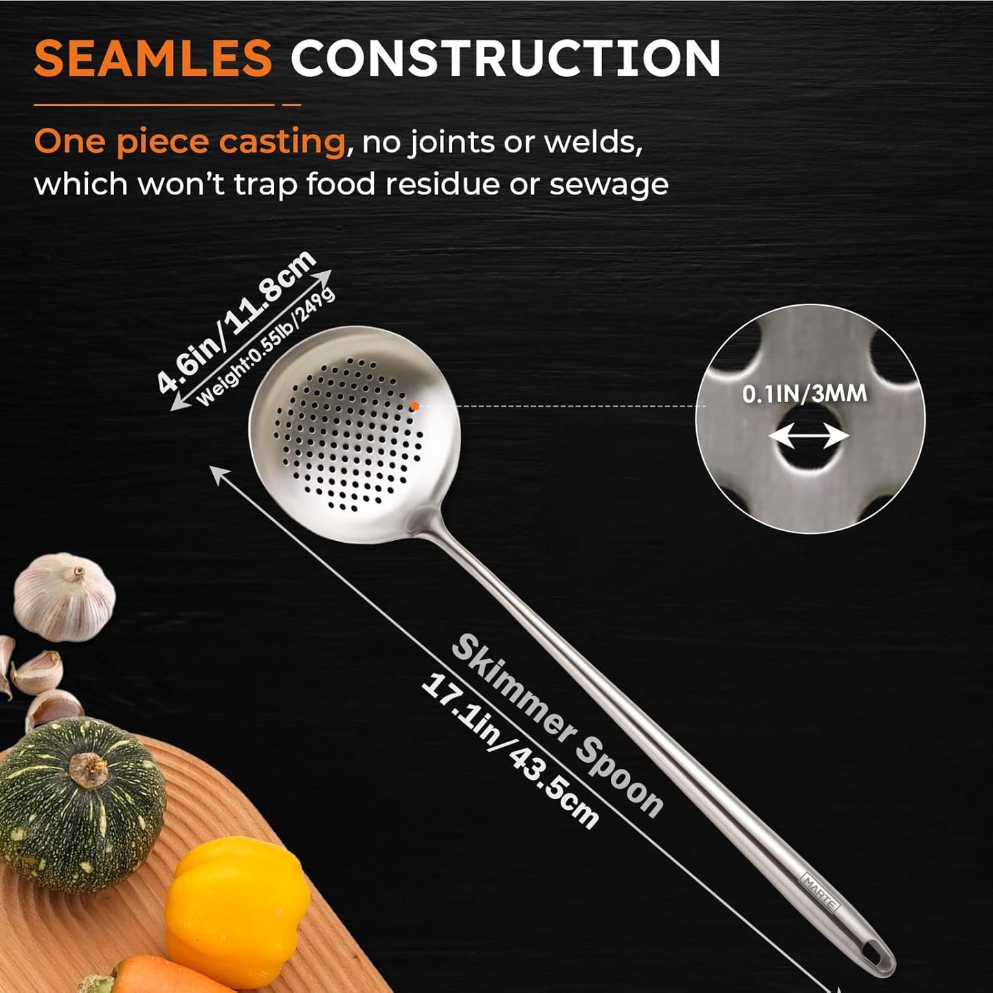 17'' Skimmer Slotted Spoon - 304 Stainless Steel Skimmer Ladle Spider Strainer Spoon for Cooking and Frying - Long Pasta Strainer Tools Frying Spoon Kitchen Cooking Utensils Colander Spoon