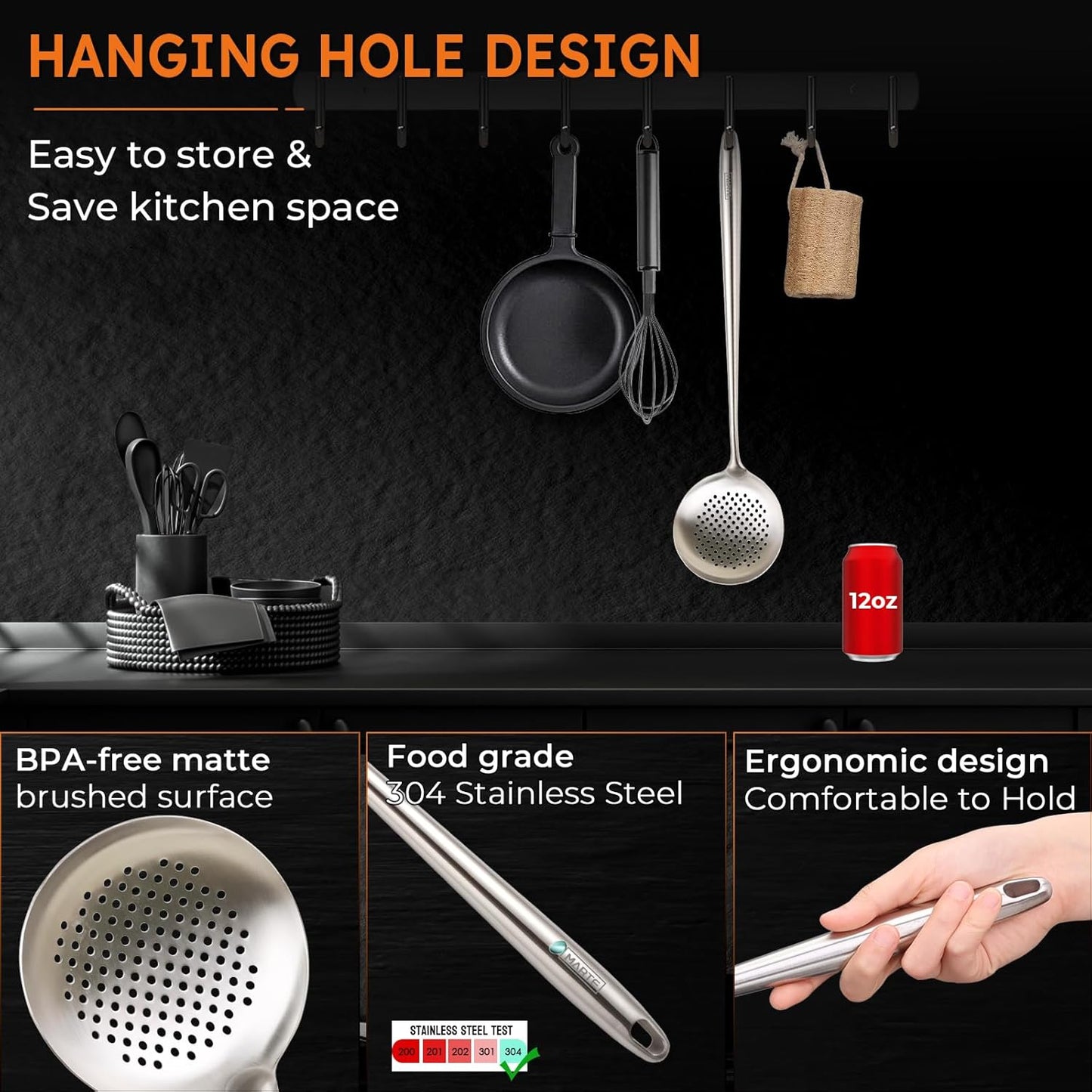 17'' Skimmer Slotted Spoon - 304 Stainless Steel Skimmer Ladle Spider Strainer Spoon for Cooking and Frying - Long Pasta Strainer Tools Frying Spoon Kitchen Cooking Utensils Colander Spoon