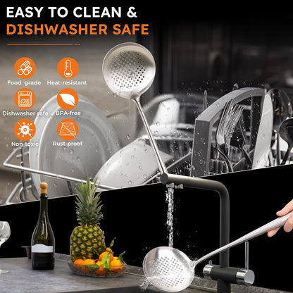17'' Skimmer Slotted Spoon - 304 Stainless Steel Skimmer Ladle Spider Strainer Spoon for Cooking and Frying - Long Pasta Strainer Tools Frying Spoon Kitchen Cooking Utensils Colander Spoon