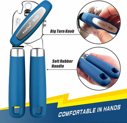 Can Opener Manual, Can Tin Bottle Opener with Magnet - No-Trouble-Lid-Lift, Handheld Can Opener Smooth Edge with Sharp Blade, Heavy Duty and Easy to Use, for Seniors with Arthritis, Blue