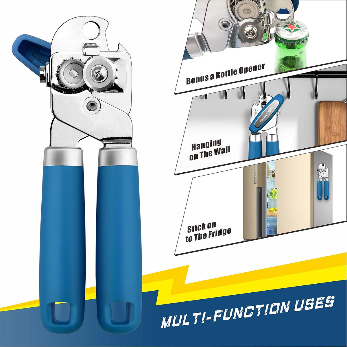 Can Opener Manual, Can Tin Bottle Opener with Magnet - No-Trouble-Lid-Lift, Handheld Can Opener Smooth Edge with Sharp Blade, Heavy Duty and Easy to Use, for Seniors with Arthritis, Blue