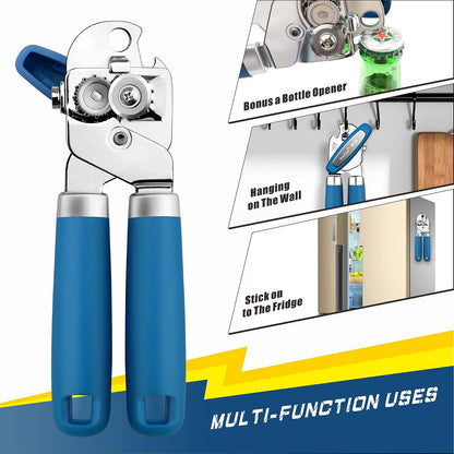 Can Opener Manual, Can Tin Bottle Opener with Magnet - No-Trouble-Lid-Lift, Handheld Can Opener Smooth Edge with Sharp Blade, Heavy Duty and Easy to Use, for Seniors with Arthritis, Blue