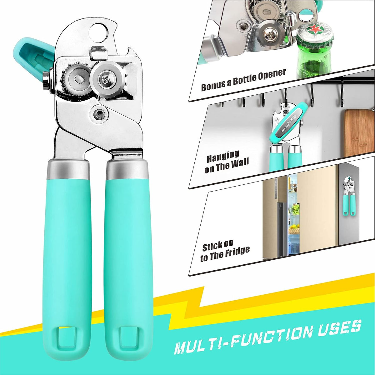 Can Opener Manual, Can Tin Bottle Opener with Magnet - No-Trouble-Lid-Lift, Handheld Can Opener Smooth Edge with Sharp Blade, Heavy Duty and Easy to Use, for Seniors with Arthritis, Blue