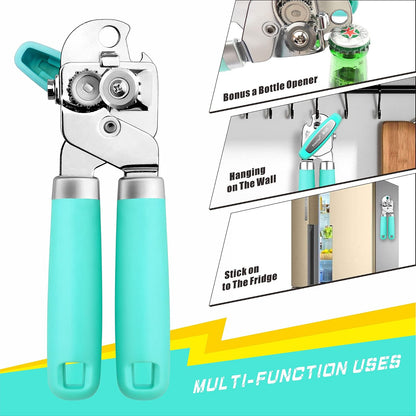 Can Opener Manual, Can Tin Bottle Opener with Magnet - No-Trouble-Lid-Lift, Handheld Can Opener Smooth Edge with Sharp Blade, Heavy Duty and Easy to Use, for Seniors with Arthritis, Blue