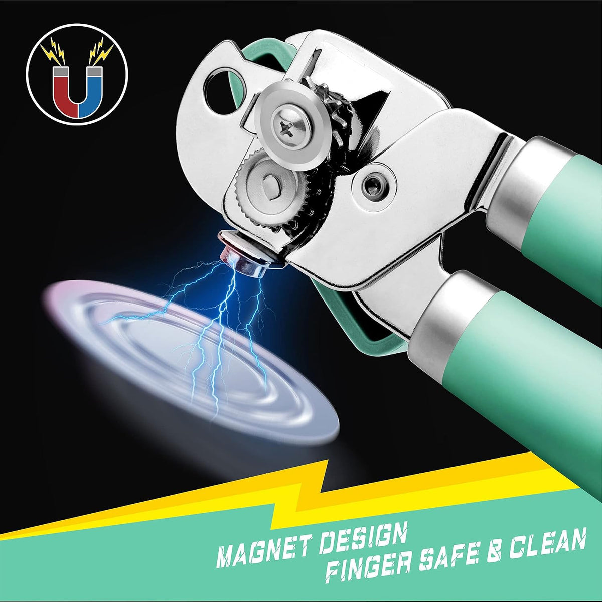 Can Opener Manual, Can Tin Bottle Opener with Magnet - No-Trouble-Lid-Lift, Handheld Can Opener Smooth Edge with Sharp Blade, Heavy Duty and Easy to Use, for Seniors with Arthritis, Blue