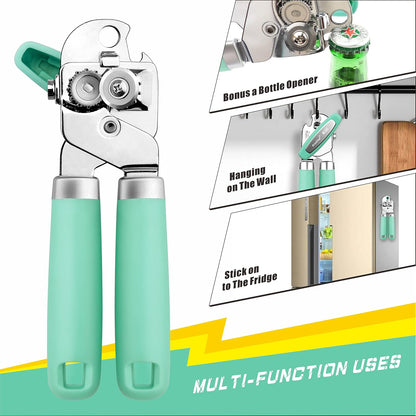Can Opener Manual, Can Tin Bottle Opener with Magnet - No-Trouble-Lid-Lift, Handheld Can Opener Smooth Edge with Sharp Blade, Heavy Duty and Easy to Use, for Seniors with Arthritis, Blue