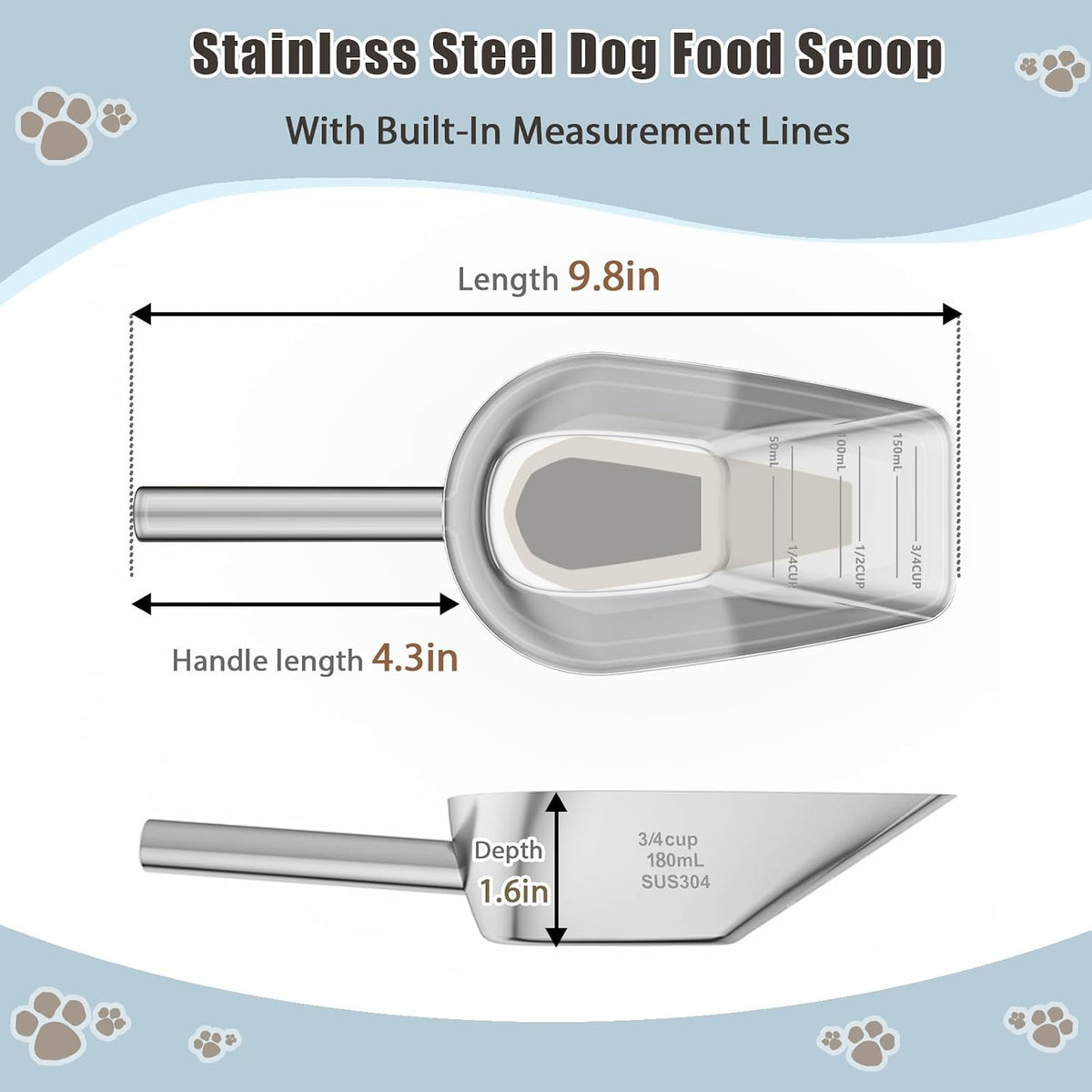 Dog-Cat Food Scoop 3/4 Cup, 304 Stainless Steel Measuring Cup