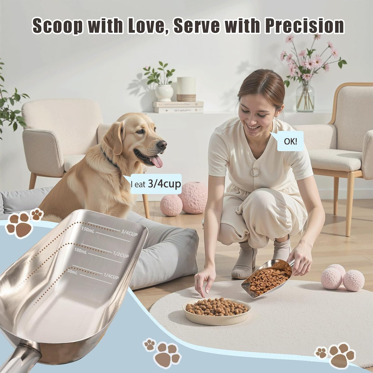 Dog-Cat Food Scoop 3/4 Cup, 304 Stainless Steel Measuring Cup