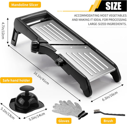 Mandoline Slicer for Kitchen, 7-in-1 Adjustable Vegetable Slicer | Stainless Steel Food slicer, Adjustable Blade, Slices, Julienne, Waffle and French Fries Cut, Includes Gloves and Brush