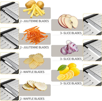 Mandoline Slicer for Kitchen, 7-in-1 Adjustable Vegetable Slicer | Stainless Steel Food slicer, Adjustable Blade, Slices, Julienne, Waffle and French Fries Cut, Includes Gloves and Brush