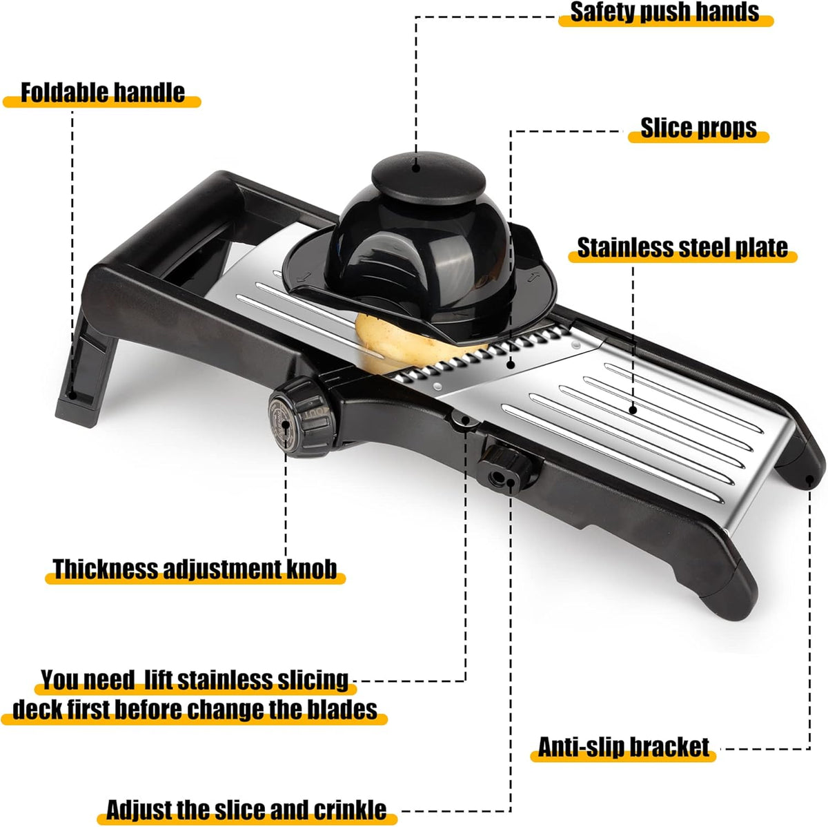 Mandoline Slicer for Kitchen, 7-in-1 Adjustable Vegetable Slicer | Stainless Steel Food slicer, Adjustable Blade, Slices, Julienne, Waffle and French Fries Cut, Includes Gloves and Brush