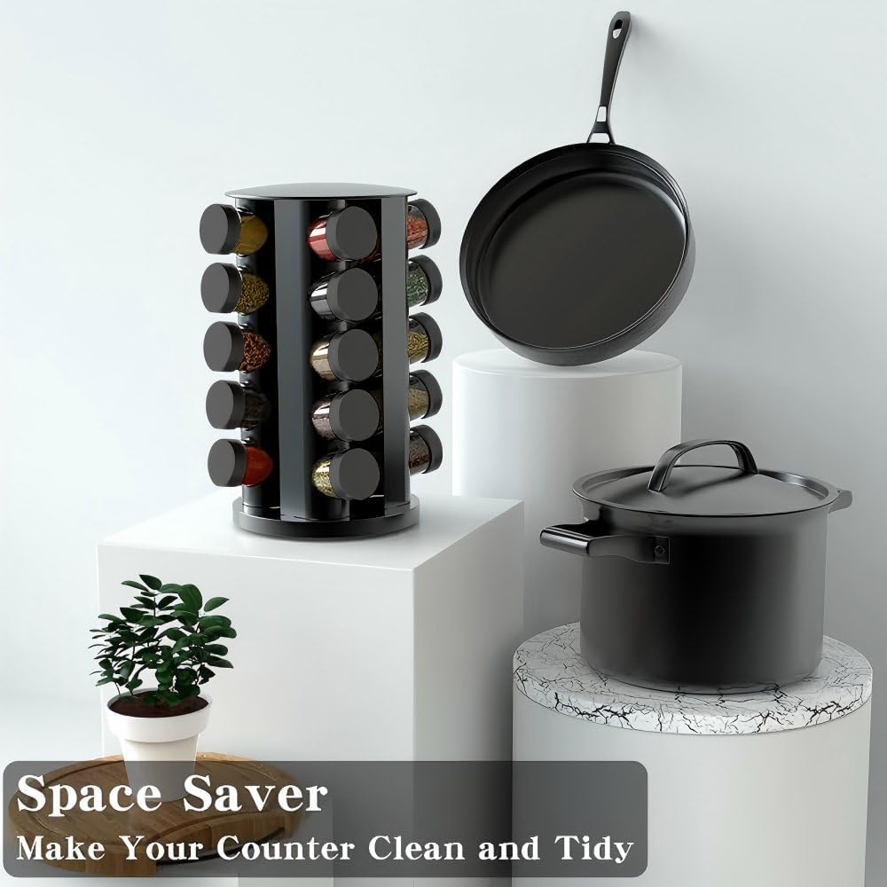 Rotating Spice Rack Organizer for Cabinet, Spice Racks Storage with 20 Jars, Spinning Spice rack for Kitchen Countertop, Spice Holder,Seasoing Storage Racks, Black