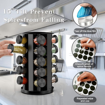 Rotating Spice Rack Organizer for Cabinet, Spice Racks Storage with 20 Jars, Spinning Spice rack for Kitchen Countertop, Spice Holder,Seasoing Storage Racks, Black