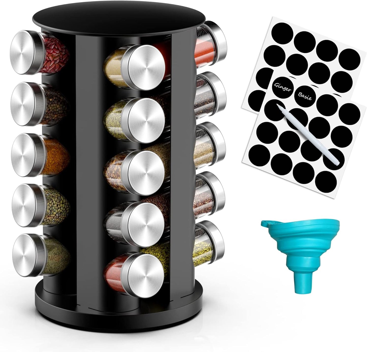 Rotating Spice Rack Organizer for Cabinet, Spice Racks Storage with 20 Jars, Spinning Spice rack for Kitchen Countertop, Spice Holder,Seasoing Storage Racks, Black