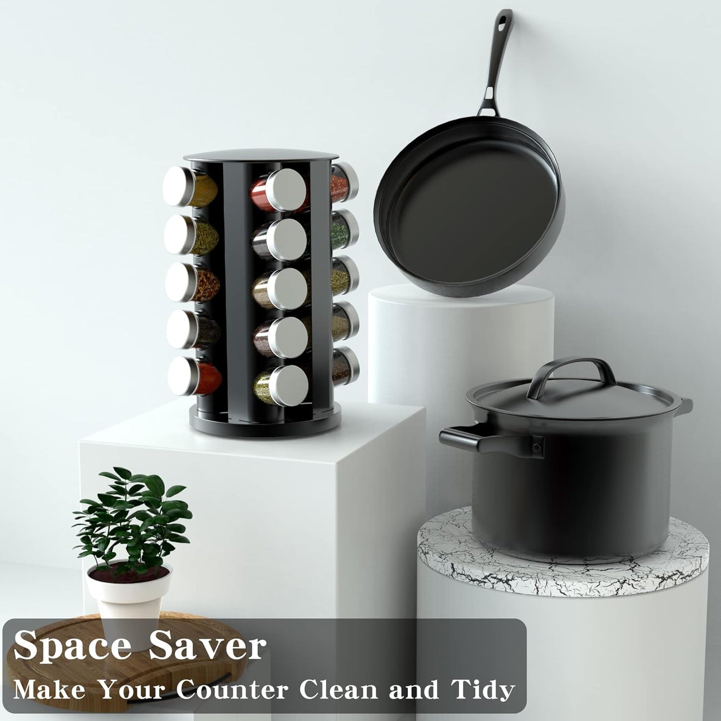 Rotating Spice Rack Organizer for Cabinet, Spice Racks Storage with 20 Jars, Spinning Spice rack for Kitchen Countertop, Spice Holder,Seasoing Storage Racks, Black