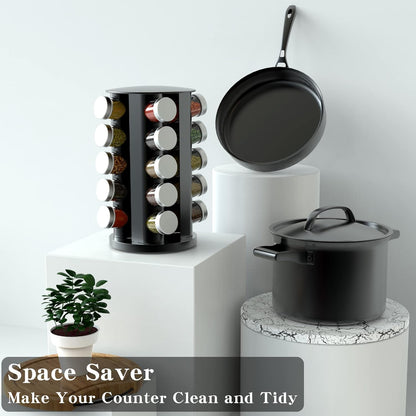 Rotating Spice Rack Organizer for Cabinet, Spice Racks Storage with 20 Jars, Spinning Spice rack for Kitchen Countertop, Spice Holder,Seasoing Storage Racks, Black