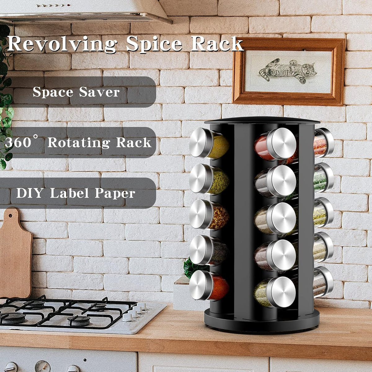 Rotating Spice Rack Organizer for Cabinet, Spice Racks Storage with 20 Jars, Spinning Spice rack for Kitchen Countertop, Spice Holder,Seasoing Storage Racks, Black