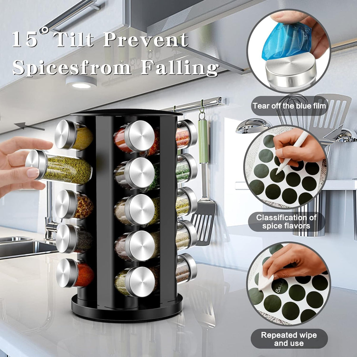 Rotating Spice Rack Organizer for Cabinet, Spice Racks Storage with 20 Jars, Spinning Spice rack for Kitchen Countertop, Spice Holder,Seasoing Storage Racks, Black
