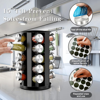 Rotating Spice Rack Organizer for Cabinet, Spice Racks Storage with 20 Jars, Spinning Spice rack for Kitchen Countertop, Spice Holder,Seasoing Storage Racks, Black