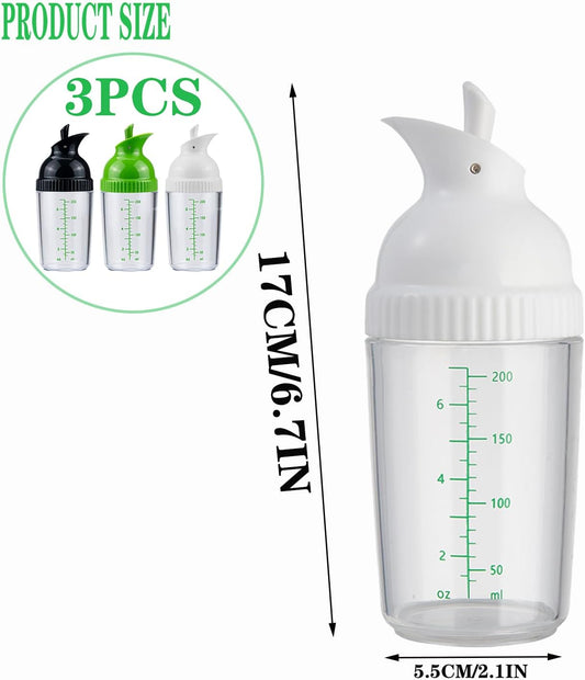 Black, white, and green salad dressing shake bottles, homemade salad dressing bottle mixer measuring device, no drip pouring, soft grip design, free of bisphenol A (200mL each)