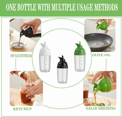 Black, white, and green salad dressing shake bottles, homemade salad dressing bottle mixer measuring device, no drip pouring, soft grip design, free of bisphenol A (200mL each)