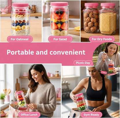 Salad Pod Mason Jar Side Open For Office, Travel, Gym & Picnic With Dressing Cup & Lid - Leak Proof Salad Container For Lunch - Safe, User-Friendly & Easy Clean Salad Jar With Side Opening ( Pink )