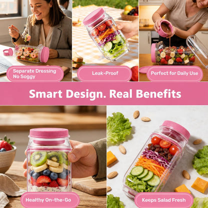 Salad Pod Mason Jar Side Open For Office, Travel, Gym & Picnic With Dressing Cup & Lid - Leak Proof Salad Container For Lunch - Safe, User-Friendly & Easy Clean Salad Jar With Side Opening ( Pink )