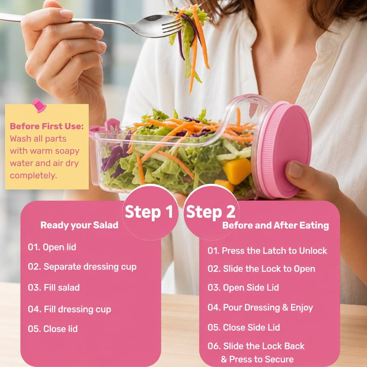 Salad Pod Mason Jar Side Open For Office, Travel, Gym & Picnic With Dressing Cup & Lid - Leak Proof Salad Container For Lunch - Safe, User-Friendly & Easy Clean Salad Jar With Side Opening ( Pink )