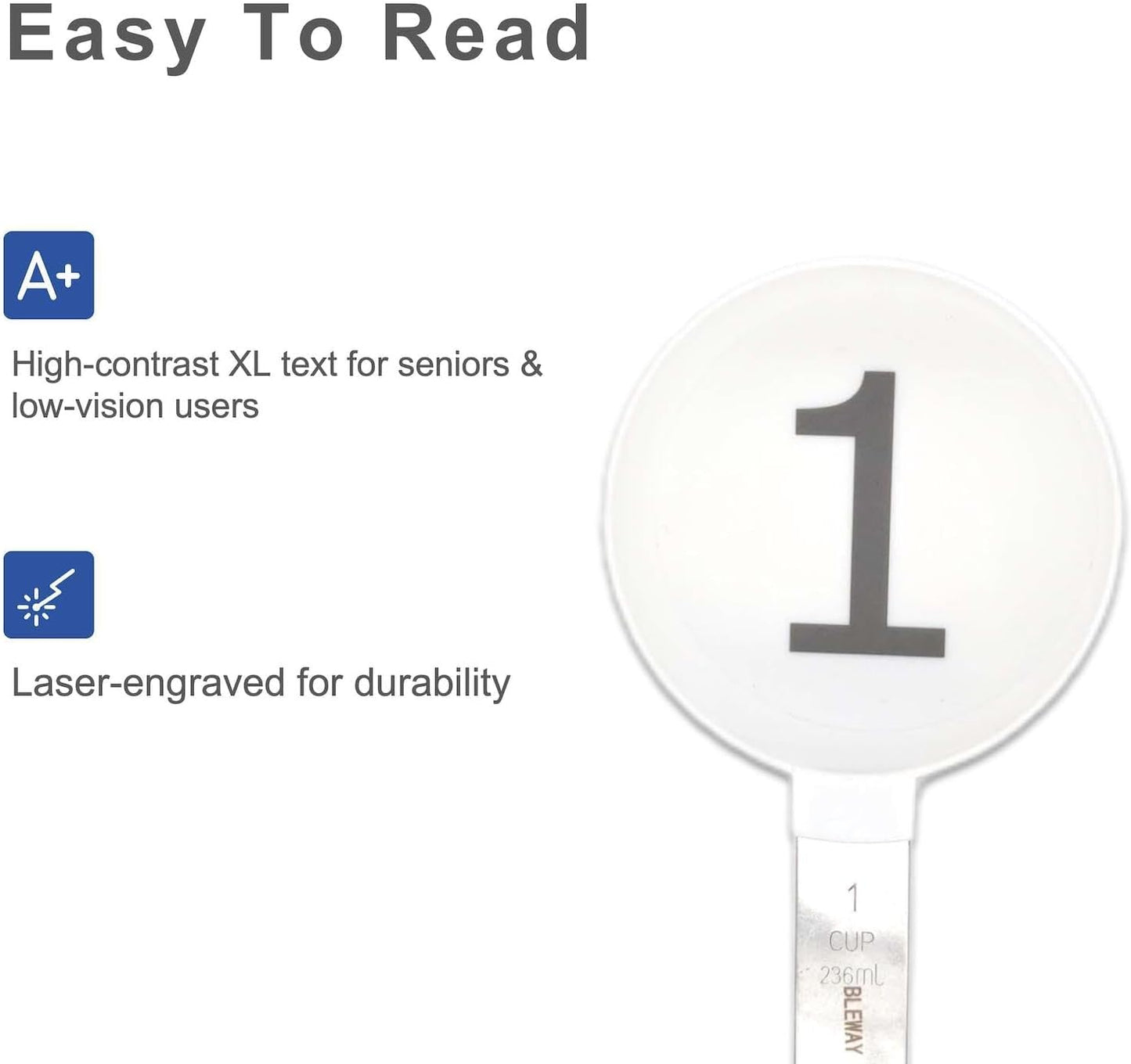 Easy to Read Measuring Cups & Spoons Set for Visually Impaired, Stackable,Large Print Measure Cups Set, Nesting Measure Cups with Stainless Steel Handle