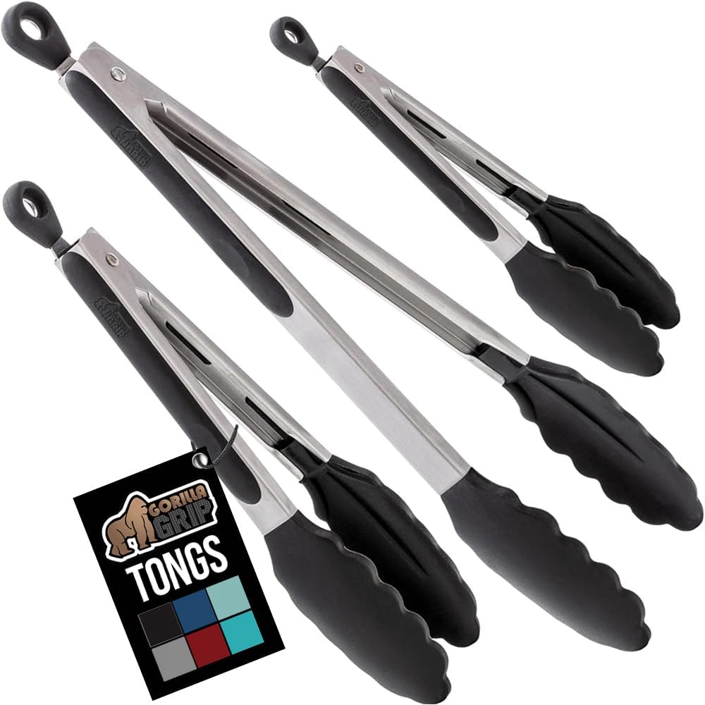 Stainless Steel Heat Resistant Kitchen Tongs for Cooking, Set of 2 BBQ Tong, Non Scratch Silicone Tip for Pans, Strong Grip, Grab Food, Toss Salad, Air Fryer, Pull Lock, 7 + 9 Inch, Black