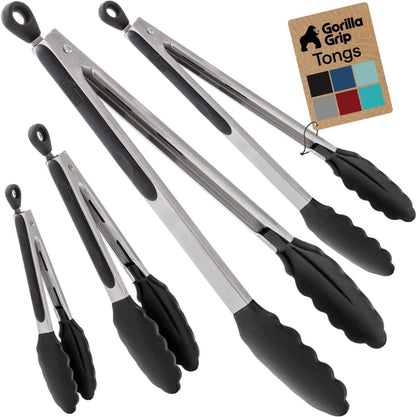 Stainless Steel Heat Resistant Kitchen Tongs for Cooking, Set of 2 BBQ Tong, Non Scratch Silicone Tip for Pans, Strong Grip, Grab Food, Toss Salad, Air Fryer, Pull Lock, 7 + 9 Inch, Black