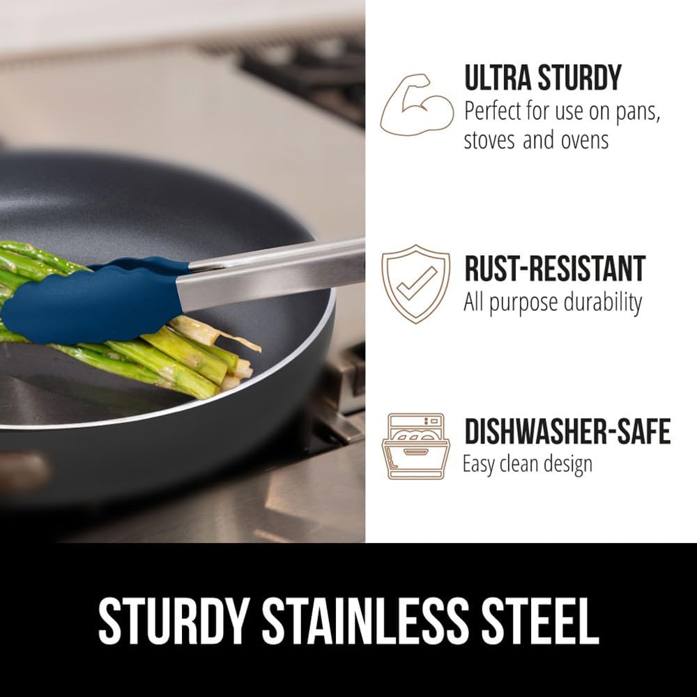 Stainless Steel Heat Resistant Kitchen Tongs for Cooking, Set of 2 BBQ Tong, Non Scratch Silicone Tip for Pans, Strong Grip, Grab Food, Toss Salad, Air Fryer, Pull Lock, 7 + 9 Inch, Black