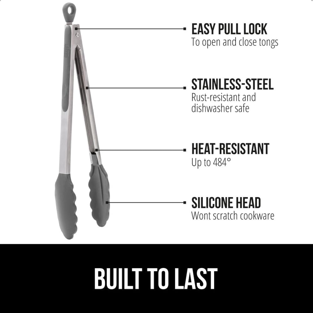 Stainless Steel Heat Resistant Kitchen Tongs for Cooking, Set of 2 BBQ Tong, Non Scratch Silicone Tip for Pans, Strong Grip, Grab Food, Toss Salad, Air Fryer, Pull Lock, 7 + 9 Inch, Black