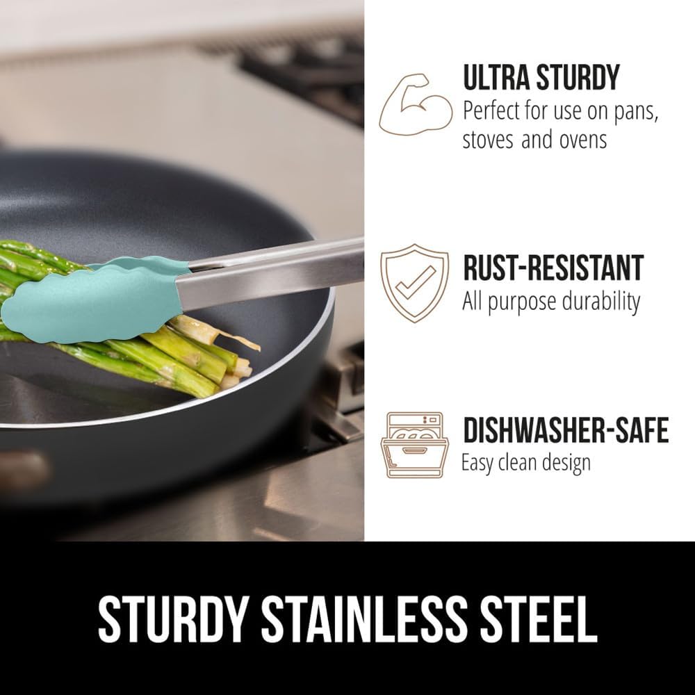 Stainless Steel Heat Resistant Kitchen Tongs for Cooking, Set of 2 BBQ Tong, Non Scratch Silicone Tip for Pans, Strong Grip, Grab Food, Toss Salad, Air Fryer, Pull Lock, 7 + 9 Inch, Black