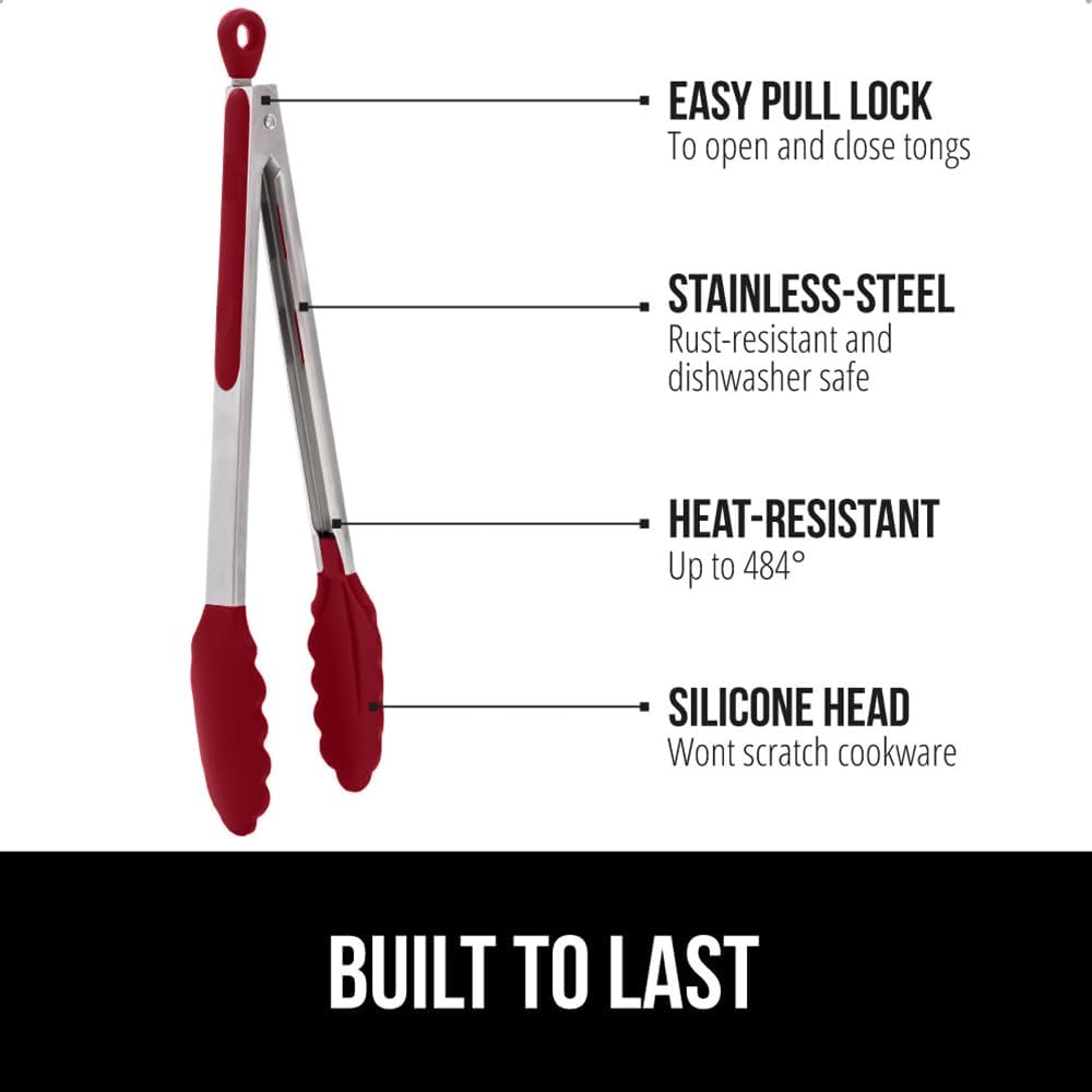 Stainless Steel Heat Resistant Kitchen Tongs for Cooking, Set of 2 BBQ Tong, Non Scratch Silicone Tip for Pans, Strong Grip, Grab Food, Toss Salad, Air Fryer, Pull Lock, 7 + 9 Inch, Black