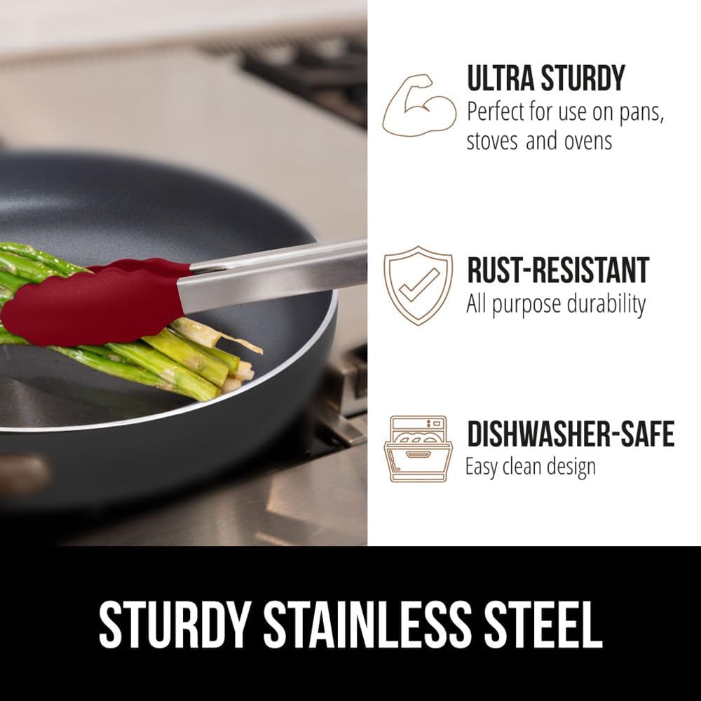 Stainless Steel Heat Resistant Kitchen Tongs for Cooking, Set of 2 BBQ Tong, Non Scratch Silicone Tip for Pans, Strong Grip, Grab Food, Toss Salad, Air Fryer, Pull Lock, 7 + 9 Inch, Black