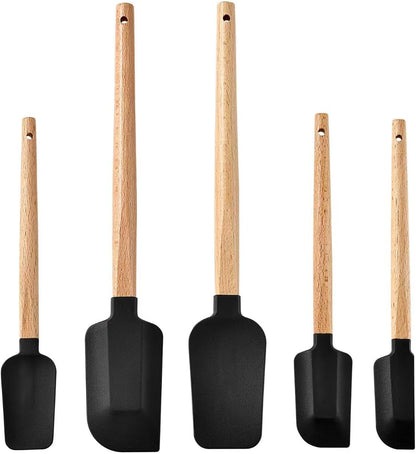 Silicone Spatula Set 5-Piece, Food Grade Heat Resistant 600°F, Wooden Handle Non-Stick Kitchen Utensils for Cooking & Baking (Black)