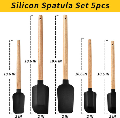 Silicone Spatula Set 5-Piece, Food Grade Heat Resistant 600°F, Wooden Handle Non-Stick Kitchen Utensils for Cooking & Baking (Black)