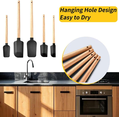Silicone Spatula Set 5-Piece, Food Grade Heat Resistant 600°F, Wooden Handle Non-Stick Kitchen Utensils for Cooking & Baking (Black)