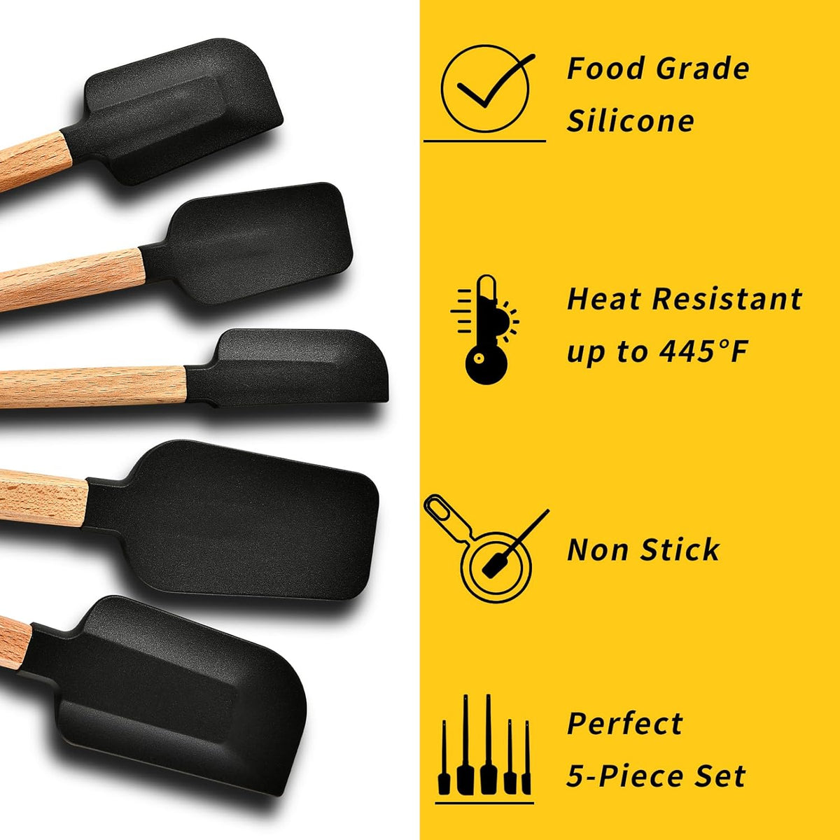 Silicone Spatula Set 5-Piece, Food Grade Heat Resistant 600°F, Wooden Handle Non-Stick Kitchen Utensils for Cooking & Baking (Black)