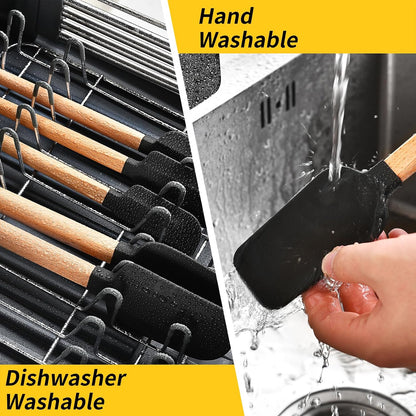 Silicone Spatula Set 5-Piece, Food Grade Heat Resistant 600°F, Wooden Handle Non-Stick Kitchen Utensils for Cooking & Baking (Black)