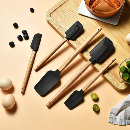 Silicone Spatula Set 5-Piece, Food Grade Heat Resistant 600°F, Wooden Handle Non-Stick Kitchen Utensils for Cooking & Baking (Black)