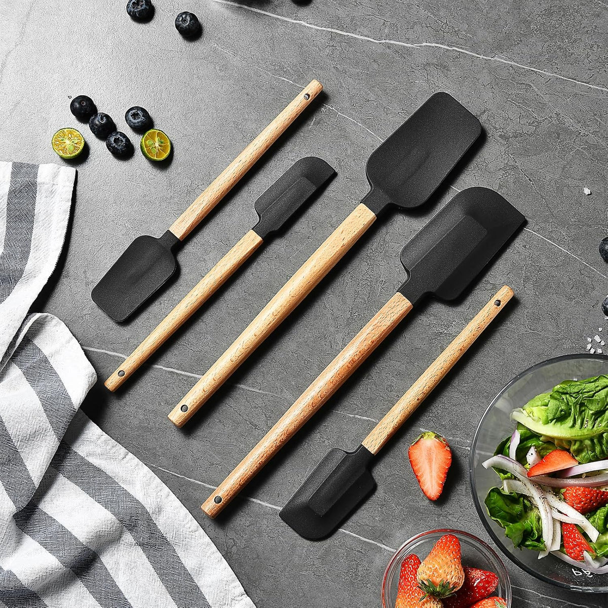 Silicone Spatula Set 5-Piece, Food Grade Heat Resistant 600°F, Wooden Handle Non-Stick Kitchen Utensils for Cooking & Baking (Black)